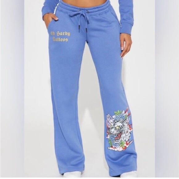 Ed Hardy Sweatpants Womens XS Tiger Lotus Flower Flare Fleece Activewear - Picture 1 of 5